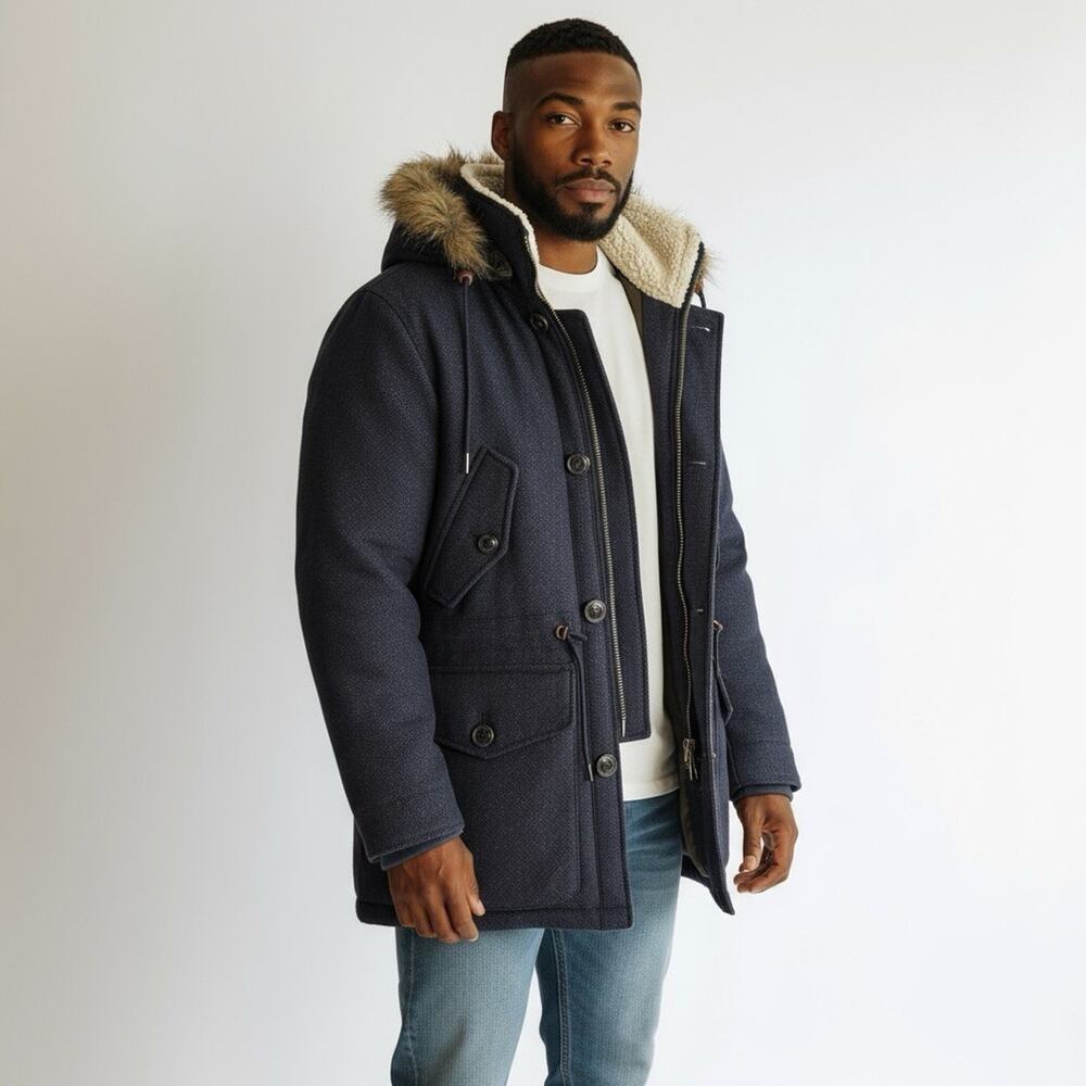 Abercrombie & Fitch Jacket Ultra Parka Wool Mens Medium Blue Duck Down Fur Hood